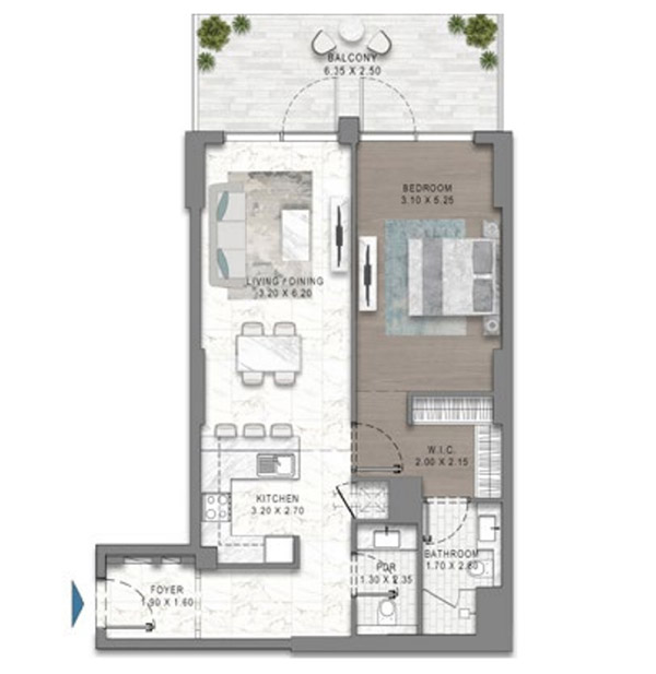 Damac Riverside Views 1-BR Apartment Floor Plan