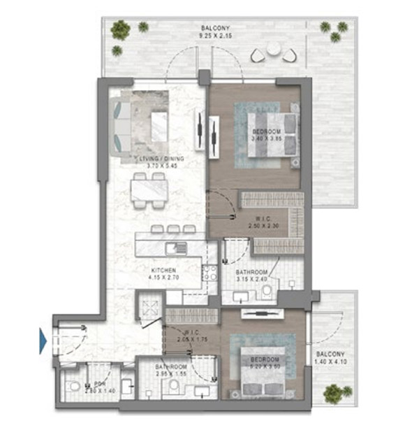 Damac Riverside Views 2-BR Apartment Floor Plan